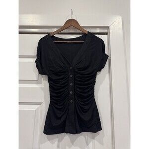 Charles Chang Lima Womens Black 4 Ruched Plunge Cottagecore Blouse USA Chic Y2K